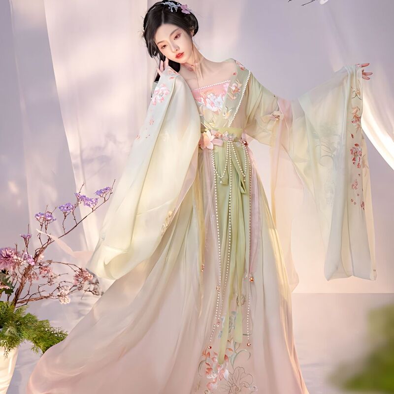 Original Lotus-Patterned Hanfu Set for Women, Super Fairy-Like Waist-Length Skirt, Complete Set with Wei and Jin Dynasty-Style Large-Sleeved Shirt and Off-Shoulder Ancient Costume