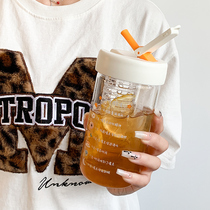 Simple water cup with large capacity summer tea with straw portable lady high value student glass cup children new