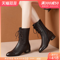 Leather mid-tube boots womens flat heel Martin boots short boots thick heel round toe plus velvet autumn and winter 2022 new large size leather boots