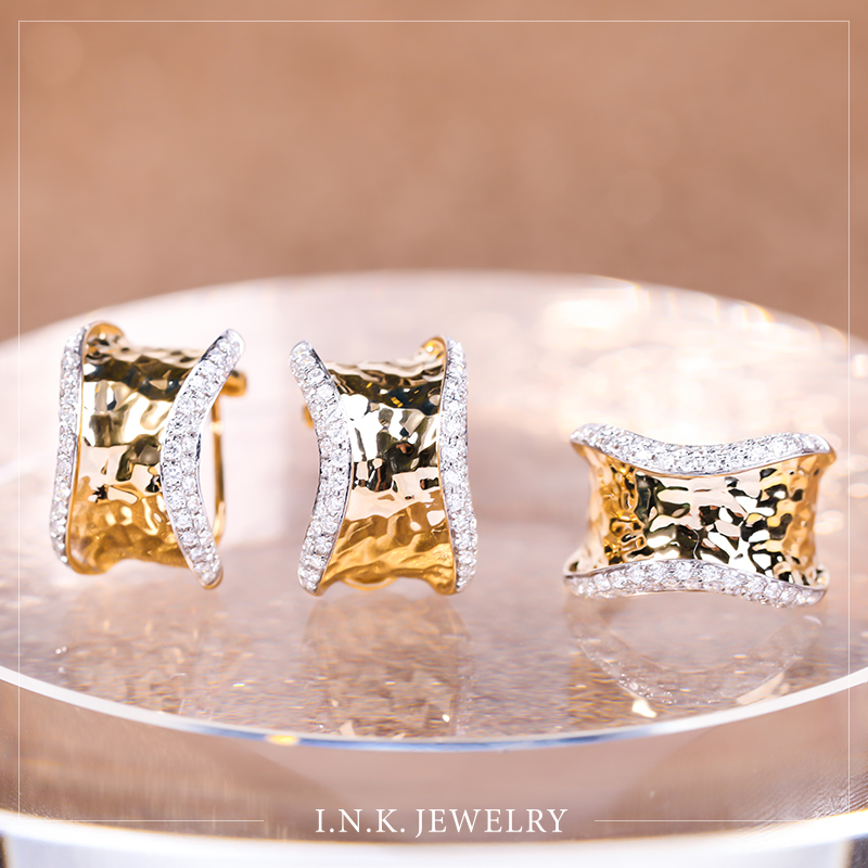 Spot INK Jewelry Italy Classic 18K Gold Diamond Studded With Wide Ring Hammer Tattoo Bright Face Neutral Ring