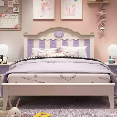 Children's bed Girl princess bed 1 35m solid wood single bed Pink purple 1 5m high box storage teen female bed