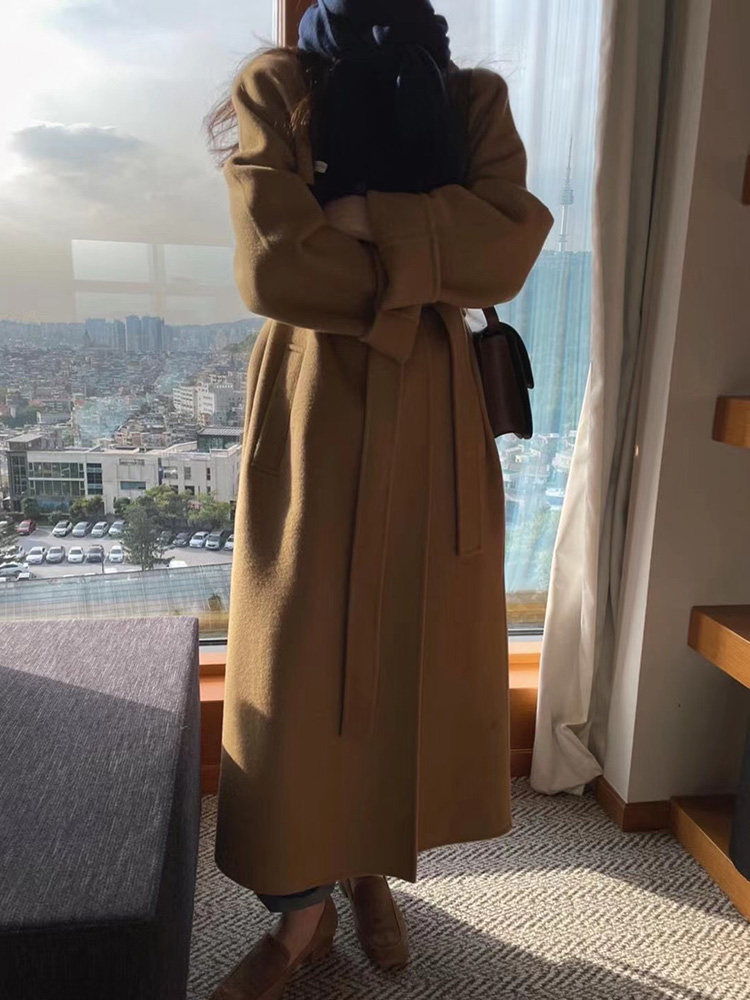 HTBT Customised High-end Bifacial Cashmere Dresses Woman Medium Long Version Temperament Slim Collar Winter Windproof Fur Coats