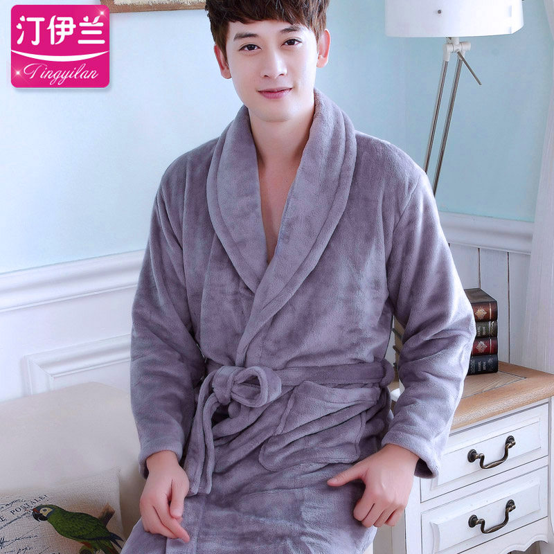 Yukata Men's nightgown thickened flannel autumn and winter bathrobe Coral velvet long sleeve solid color gray pajamas Home clothes