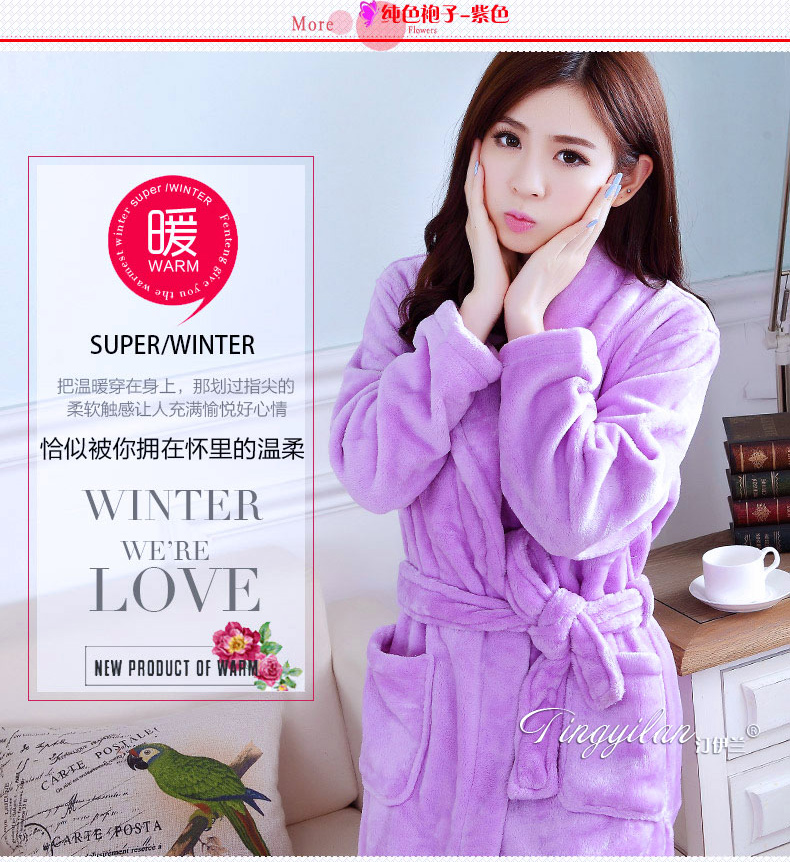 Áo len nữ dày flannel áo choàng mùa thu và mùa đông dài tay mùa thu và mùa đông san hô lông cừu dễ thương đồ ngủ màu tím quần áo ngủ nữ mùa hè