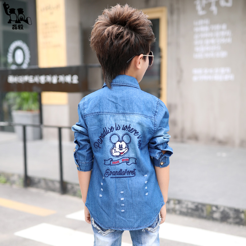 bông denim trẻ em áo trẻ em 2019 mùa xuân và mùa thu bé trai mới dài tay denim áo trong cậu bé lớn Chao Leiyi.