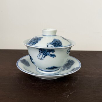 Jingdezhen underglaze blue and white cabbage three-cai bowl. baicai julai chinese household kung fu tea bowl and tea set