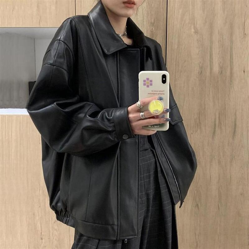 Black Leather Jacket for Women 2026 New Style Spring and Autumn Loose American Retro Motorcycle Leather Jacket Popular High-End Top