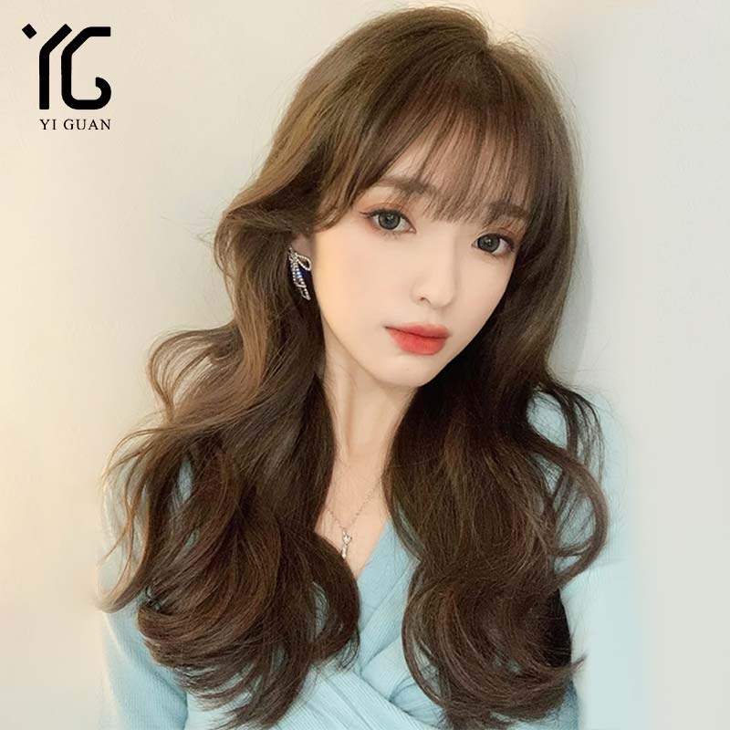Wig female long hair real hair thread hand needle full hood natural big wave air bangs medium long curly hair wig