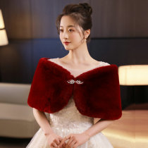 New bridal wedding wedding gown with fur cape imitation leather straw wine red cape gown qipao shawl and shoulder wine red