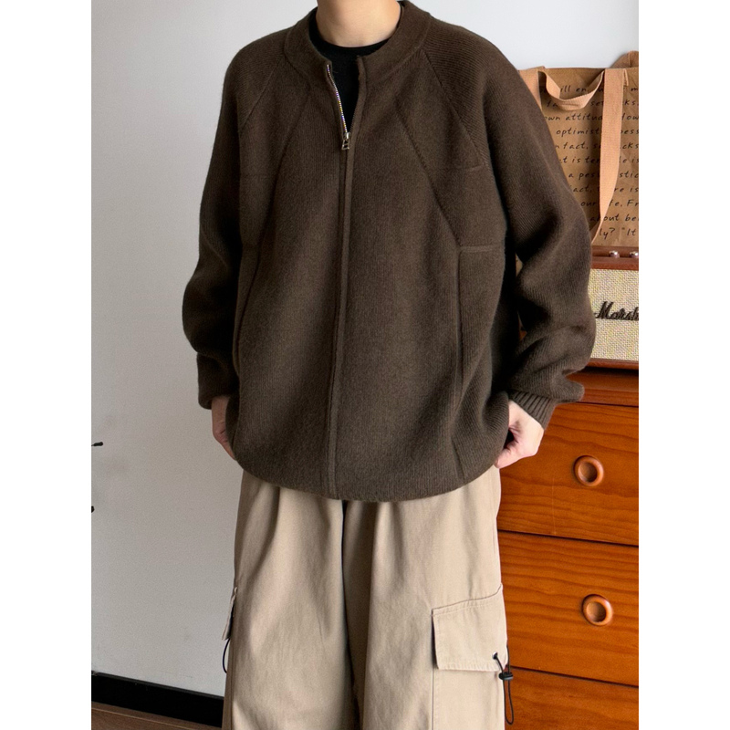 Japanese Retro Style Zipper Cardigan Jacket for Men, Autumn and Winter, Loose Casual Commuting Versatile Knit Sweater