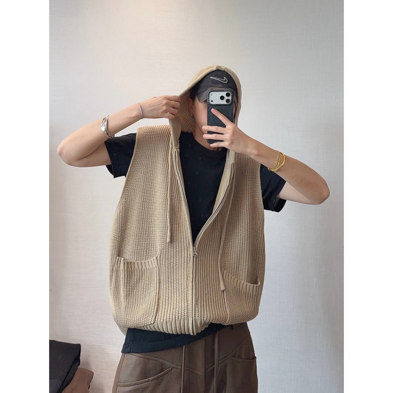 Autumn and Winter American Street Style Double-Zip Hooded Knit Vest for Men, Relaxed and Casual Pocket Vest Sweater Hoodie