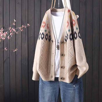 Retro jacquard sweater cardigan for women 2026 spring new korean style loose outer wear fashionable v-neck knitted jacket