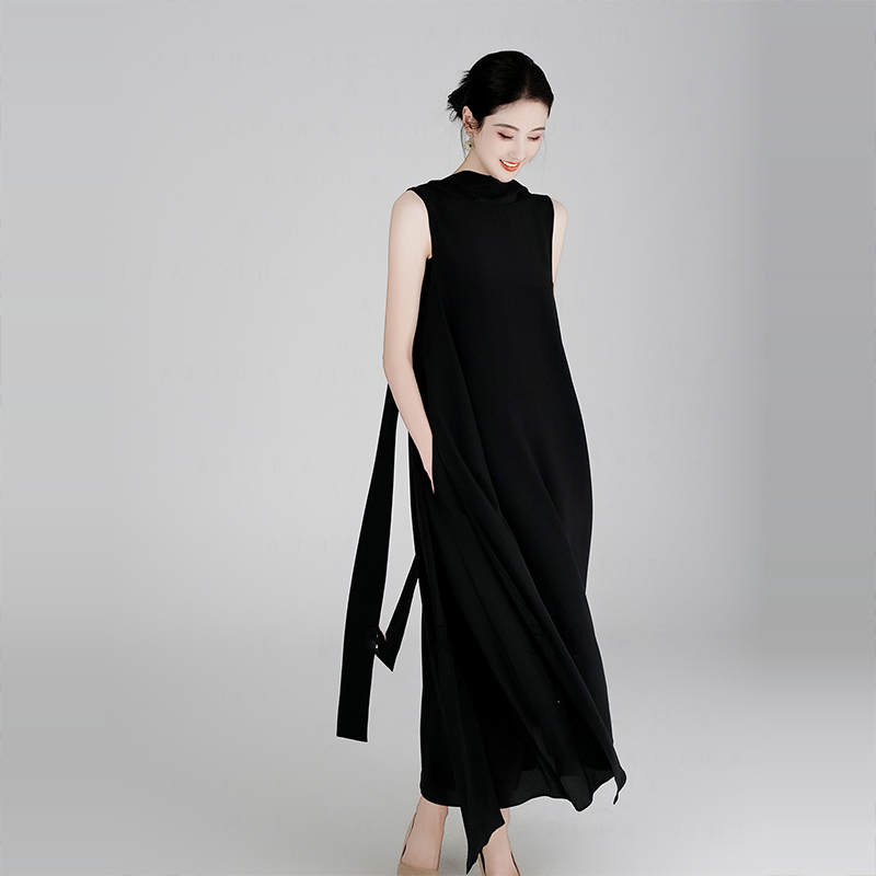 2026 Summer Elegant A-Line Skirt Silk Sleeveless Mulberry Silk Long Black Vest Strap Dress for Women