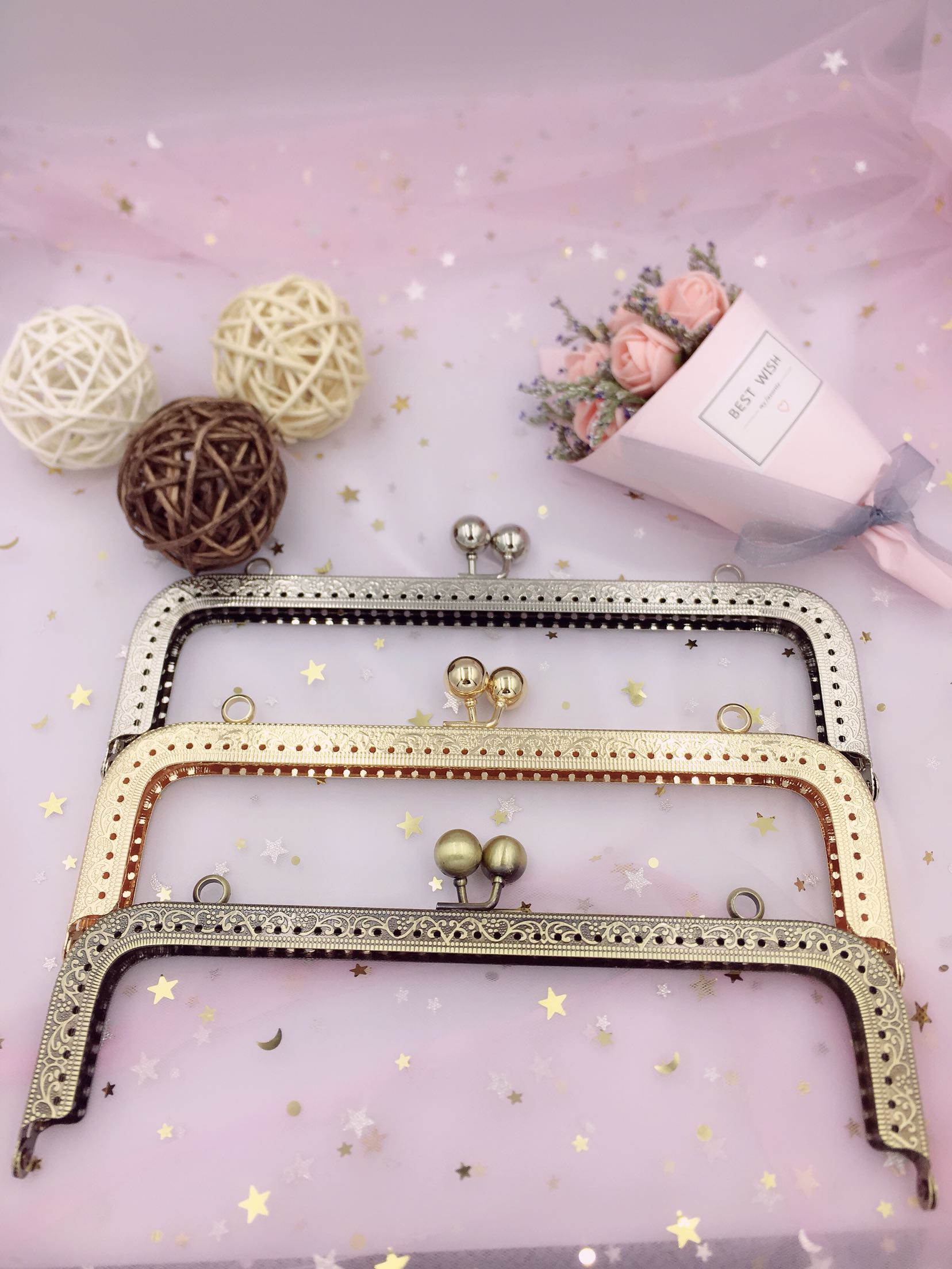 Seven Handmade 20 5cm Bronze Silver Light Gold Embossed Curved Square Mouth Gold Bag Accessories