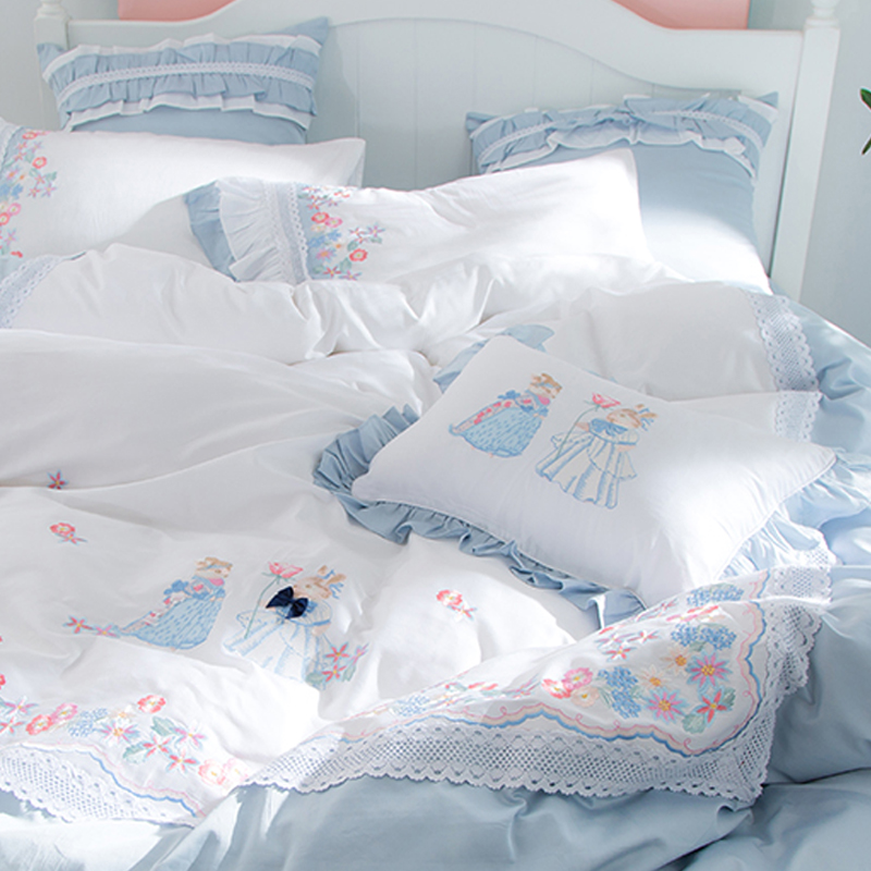 Pure color small fresh 60 satin long duvet cotton four pieces of girl heart embroidered naked double cotton multiple cotton condom