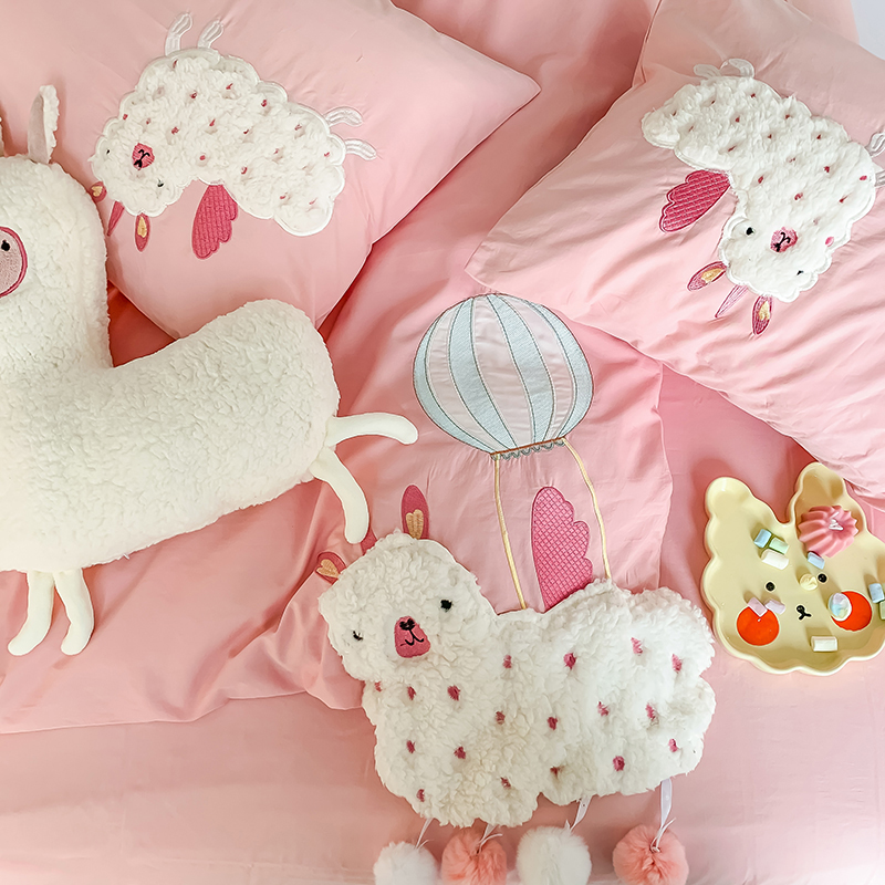 Cartoon cotton washed cotton four-piece embroidery girl heart alpaca pure cotton small fresh quilt cover naked sleeping bedding