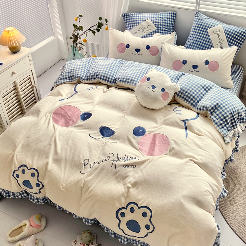 High-end cartoon cream four pieces thickened warm double-sided coral velvet sleeve children flannel winter