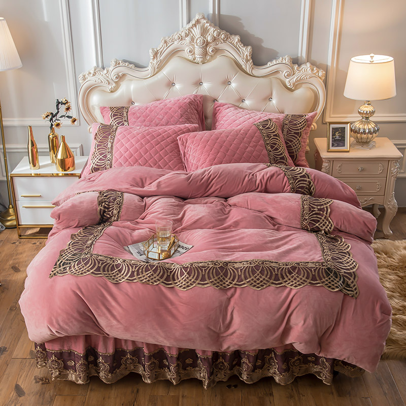 European baby velvet four-piece set padded bed skirt Crystal velvet thickened coral velvet bed cover duvet cover plus velvet winter bedding
