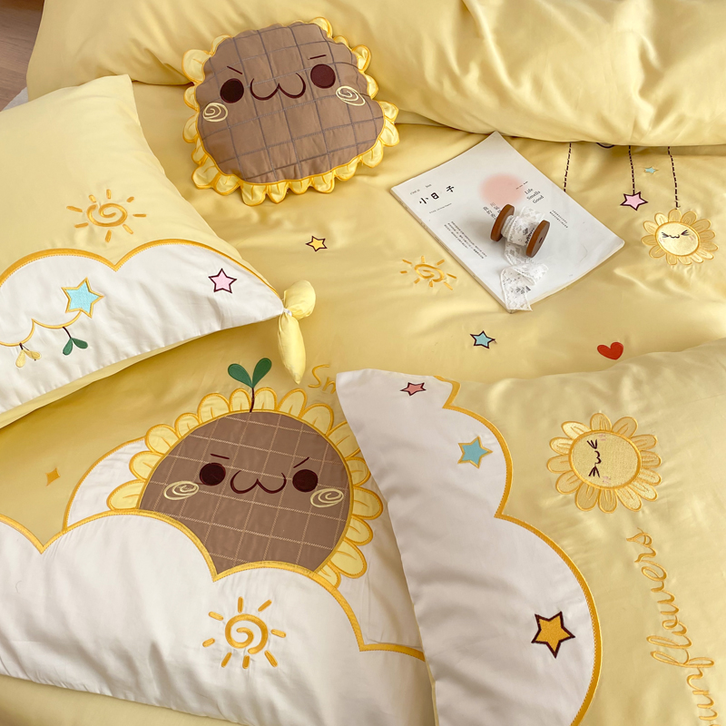 Sunflower 60 long - fluff cotton four - piece small fresh embroidery cartoon all cotton - naked bedding