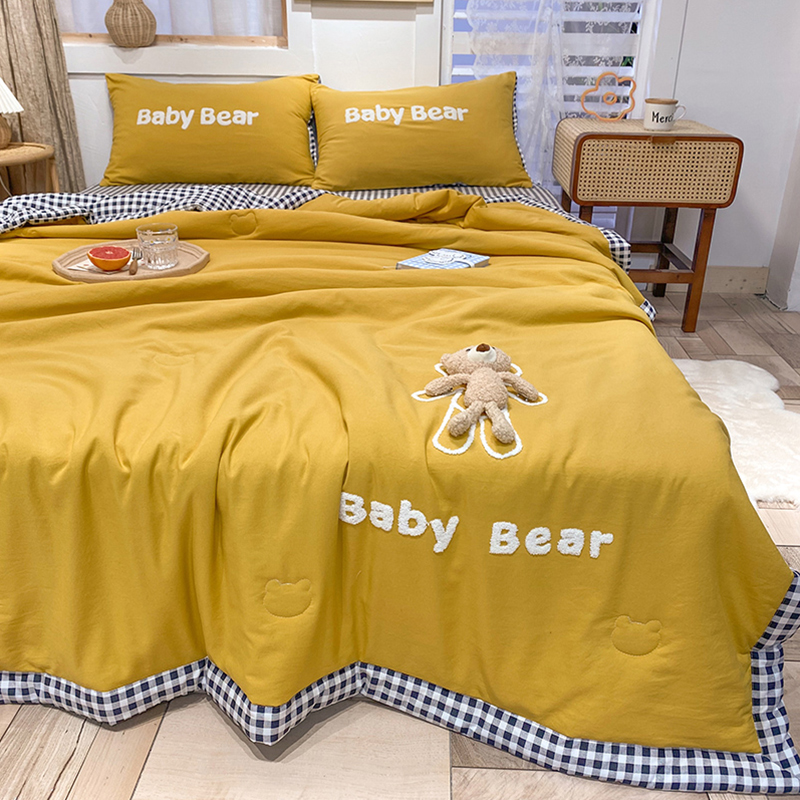 Cartoon summer cool quilt four-piece double washable cotton air-conditioning quilt washable student dormitory thin quilt pure cotton cool quilt