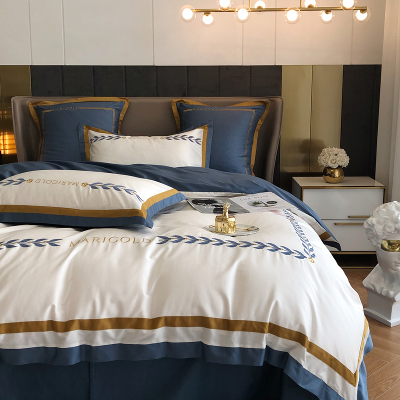 European-style 60-count cotton four-piece set simple embroidery long-staple cotton light luxury men's quilt cover sheet 1 8m bedding