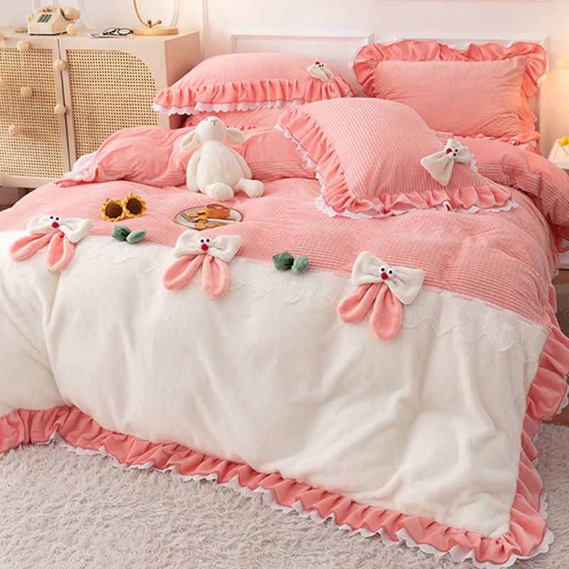 Princess wind rabbit velvet four-piece set thickened warm milk velvet double-sided coral velvet quilt cover net red bed skirt winter