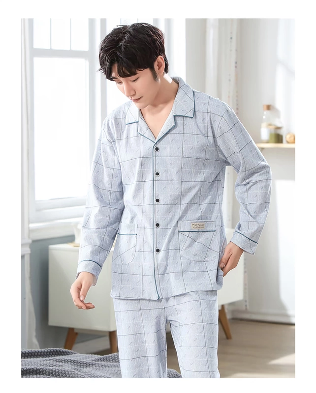Green Jia vài bộ đồ ngủ cotton mùa thu nữ mới dài tay nam quần lưới mắt cáo áo len nhà phù hợp với dịch vụ nhà
