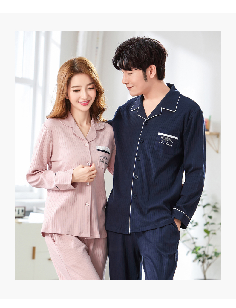 Màu xanh lá cây mùa thu mới của cặp đôi đồ ngủ nữ cotton dài tay sọc sọc áo len thường xuyên nhà đồ bộ kiểu mới