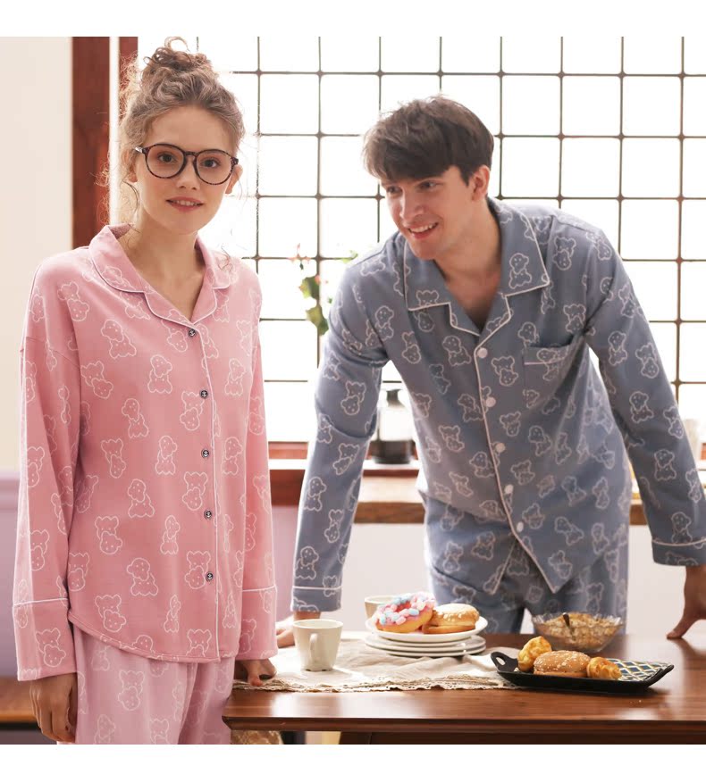 Green Jia mùa thu mới vài bộ đồ ngủ cotton nữ dài tay nam quần cardigan áo ve áo hoạt hình nhà dịch vụ phù hợp đồ siêu nhân