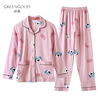 Màu xanh lá cây mùa thu mới bộ đồ ngủ nữ dài tay cotton quần cardigan áo ve áo thường xuyên hoạt hình dịch vụ nhà phù hợp đồ pijama