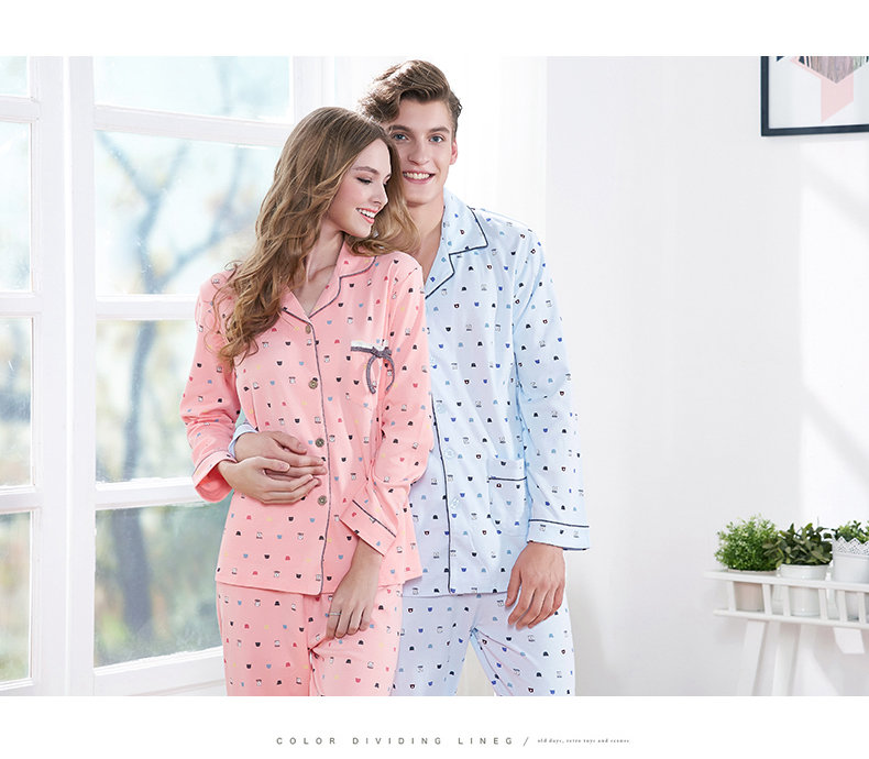 Green Jia mới mùa xuân và mùa thu cotton vài bộ đồ ngủ dài tay nam và nữ dịch vụ tại nhà giản dị cardigan phù hợp với cotton ngọt ngào bộ hoạt hình các loại