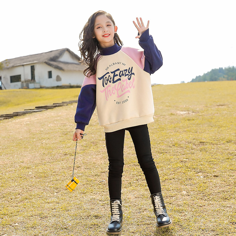 Children's Clothing Kids Plus Fleece Sweatshirt Girls Fall/Winter 2021 New Style Middle and Big Kids Winter Clothes Girls Undershirts Thick Tops