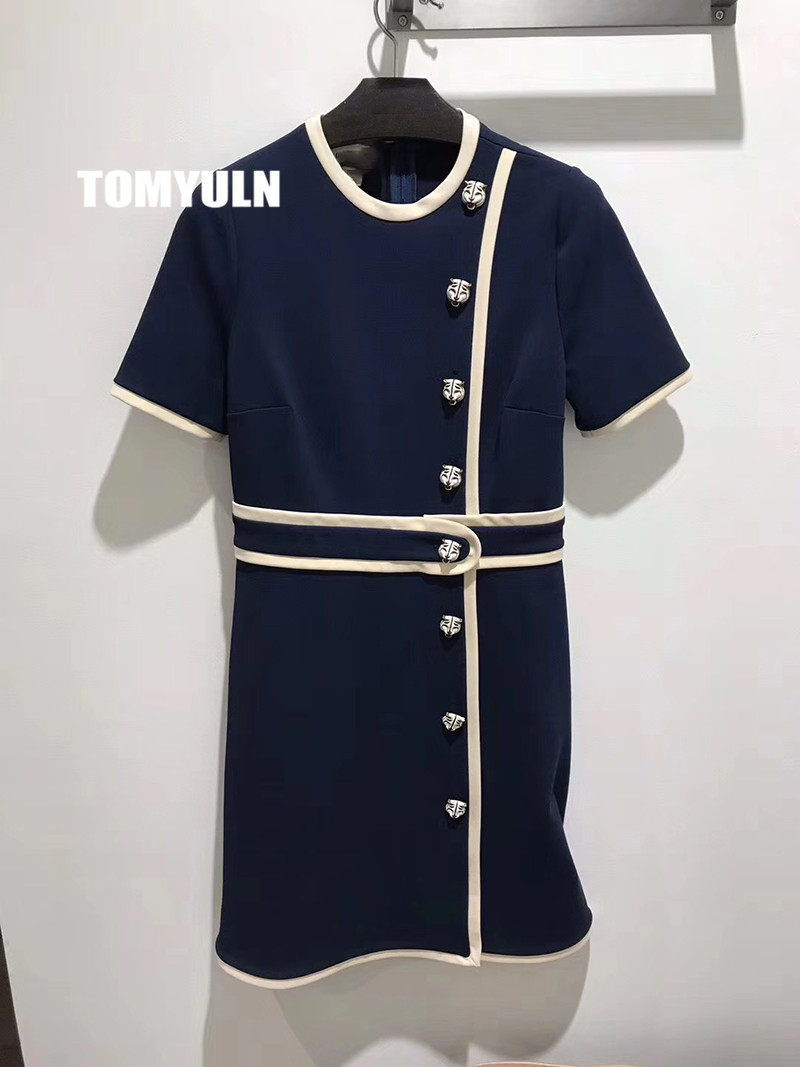 TOMYULN early autumn women's French light luxury ladies temperament slim round neck short sleeve knitted waist dress women