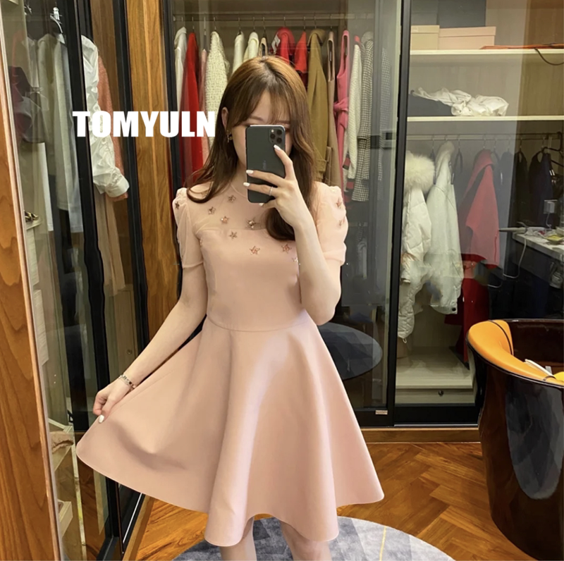 TOMYULN women's 2020 spring and summer French light luxury temperament lace embroidery slim waist short-sleeved dress