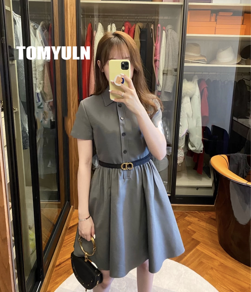 TOMYULN 2022 new women's French temperament light luxury ladies waist-length slim lapel short-sleeved dress