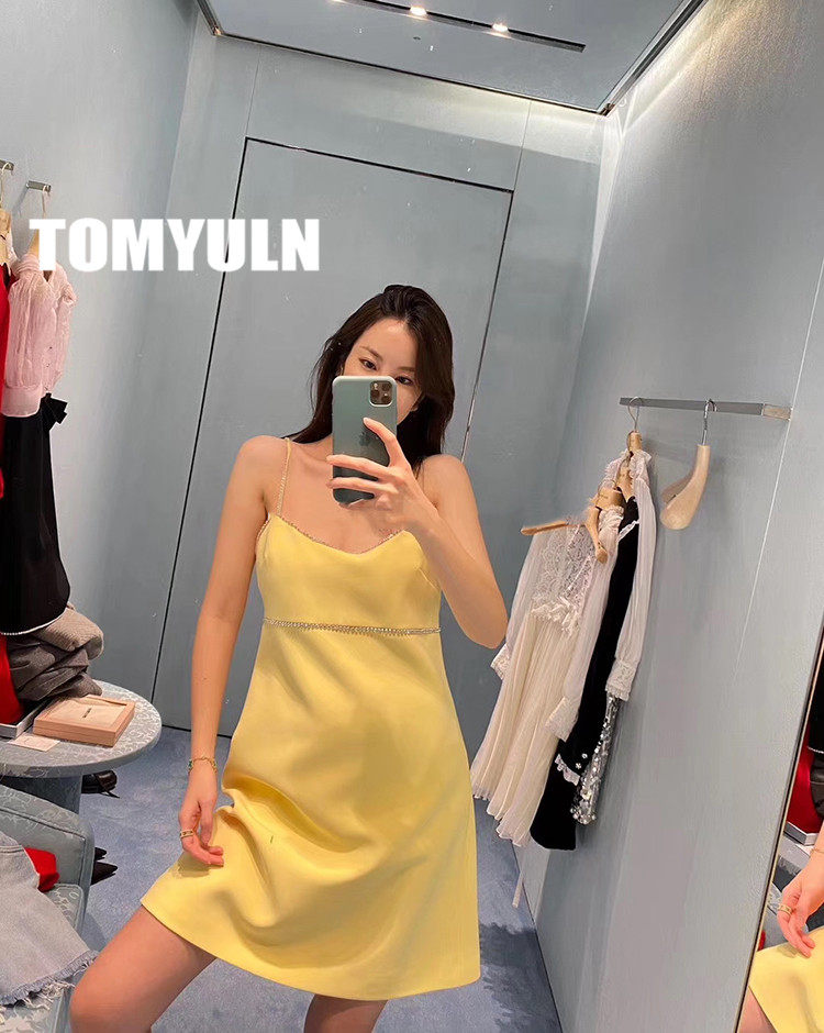 TOMYULN20 summer Hepburn style small fragrance rhinestone trim vest skirt waist suspender dress women