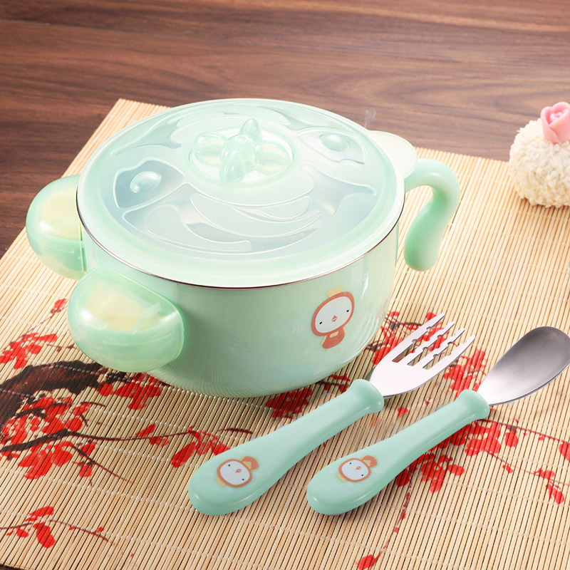 Children Cutlery Baby Water Injection Insulation Bowl Suit Rice Bowl Stainless Steel Anti-Fall Suction Cup Bowl Baby Coveting Bowl Big