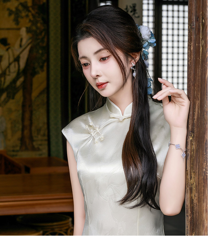 Elegant Solid Color Jacquard Cheongsam Long Dress for Everyday Wear, Youthful Retro Modified New Chinese Style Summer Single-Layer Dress Suzhou — تصویر 1