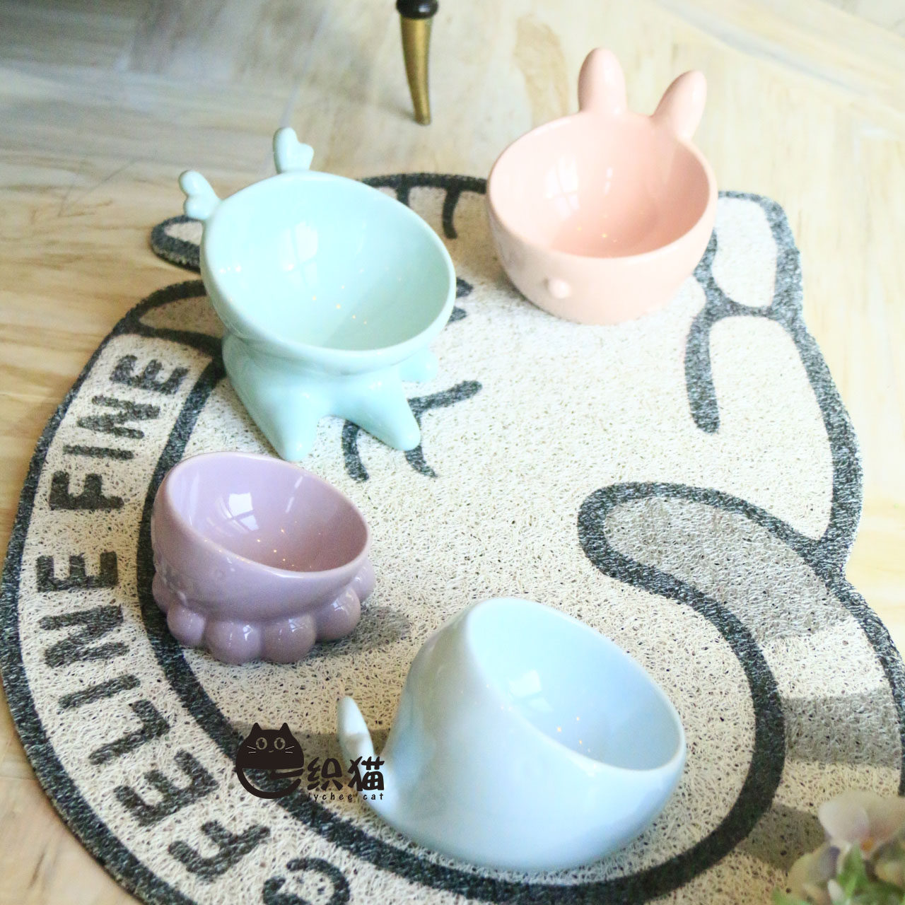 A knit cat - wery animal series ceramic cat bowl with slope protects the cervical vertebrae easily cleans the flat face basin bowl