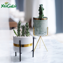 Xinchen simple ceramic glaze ornaments marble multi-meat flowerpot wrought iron vase iron frame flower stand green plant pot