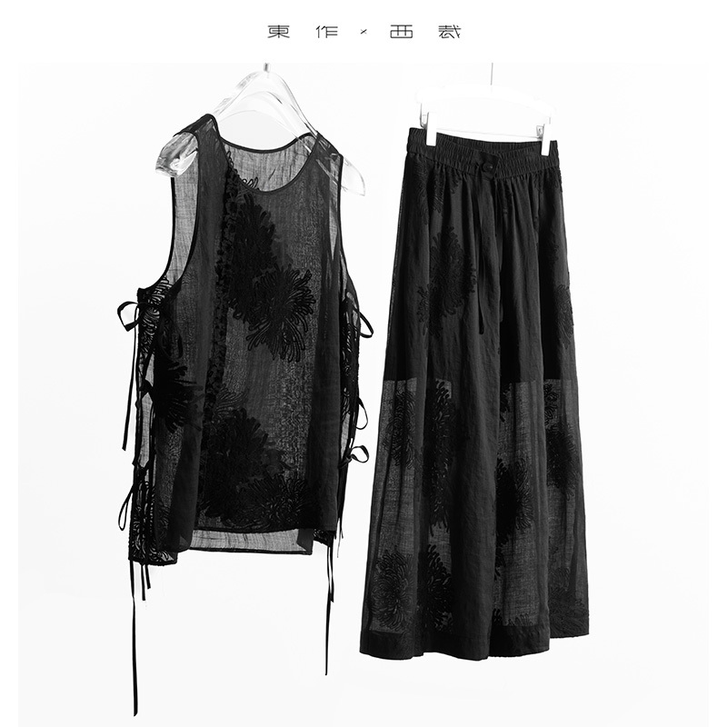 Light as if It Were Nothing! Cooler Than Not Wearing Anything~ Lightweight Embroidered 100% Ramie Vest and Wide-Leg Pants Set for Women Light as if It Were Nothing! Cooler Than Not Wearing Anything~ Lightweight Embroidered 100% Ramie Vest and Wide-Leg Pants Set for Women