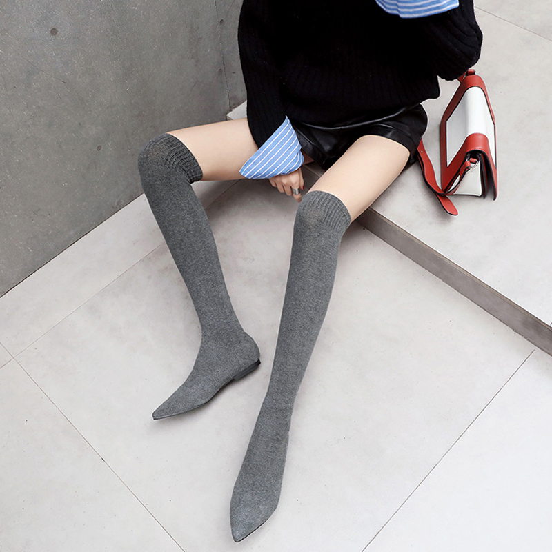 Socks Boots for Women 2025 Autumn and Winter New Style Slimming Elastic Sock Boots Women's Flat Pointed Toe Over-The-Knee Boots Long Slim Boots