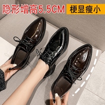 British style black small leather shoes womens soft leather 2022 spring and autumn new lace-up pointed toe work single shoes inner heightening womens shoes