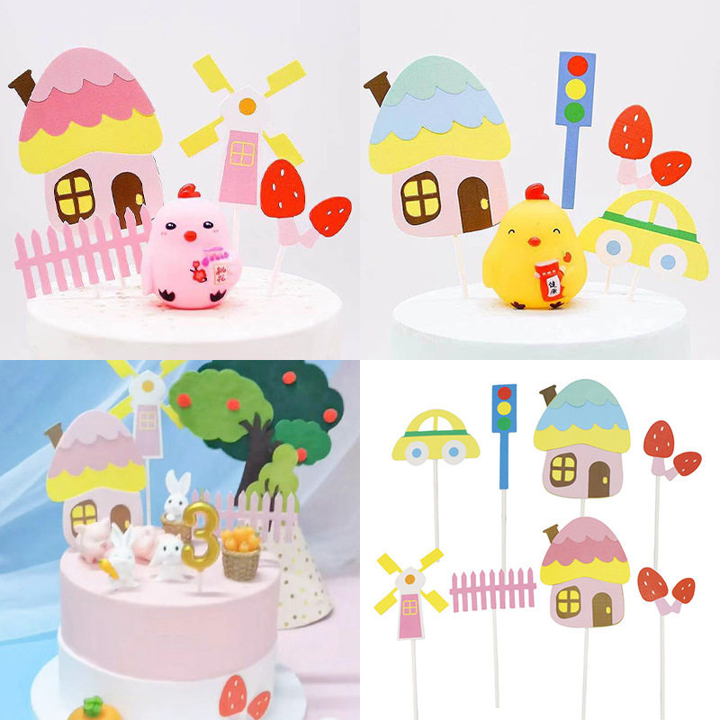 Idyllic cottage mushroom house windmill fence fence car forest small house cake baking decoration card plug-in