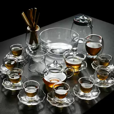 Xiangsheng transparent glass kung fu tea set set household teapot heat insulation and anti-hot double tea cup tea tray set