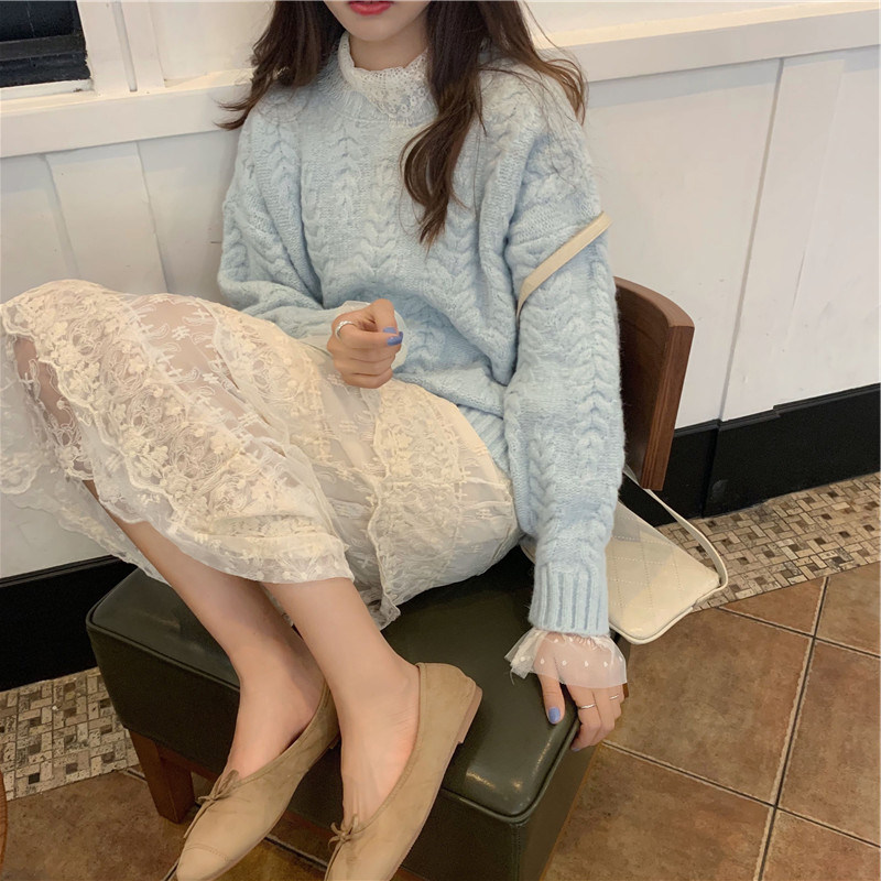 Large size women's early autumn fashion heart coat sweater set 2020 fat MM thin belly hidden meat skirt
