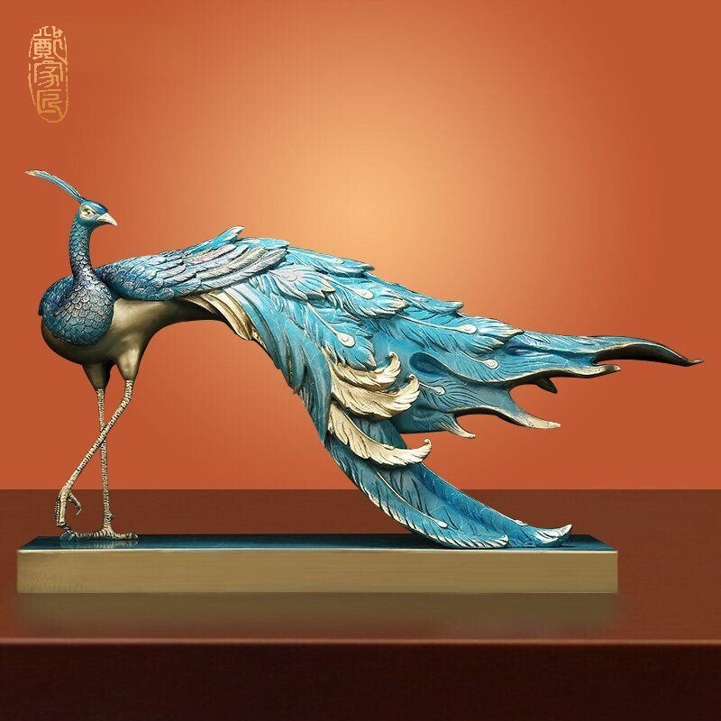 "Return of Hundred Colors" All-Brass Peacock Ornament with Open Wings, New Chinese-Style Decoration for Living Room, Office, and Entryway