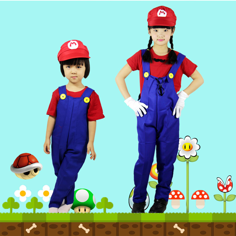 Quần áo trẻ em dành cho người lớn Super Mario trang phục biểu diễn sân khấu Mario trang phục catwalk lễ hội cha mẹ trang phục biểu diễn cho bé