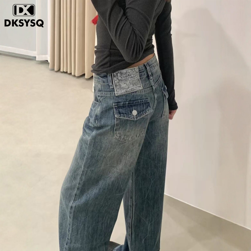 Dksysq Retro Washed Wide-Leg Jeans for Women 2026 Spring New Low-Waist Design Embroidered Logo Straight Pants