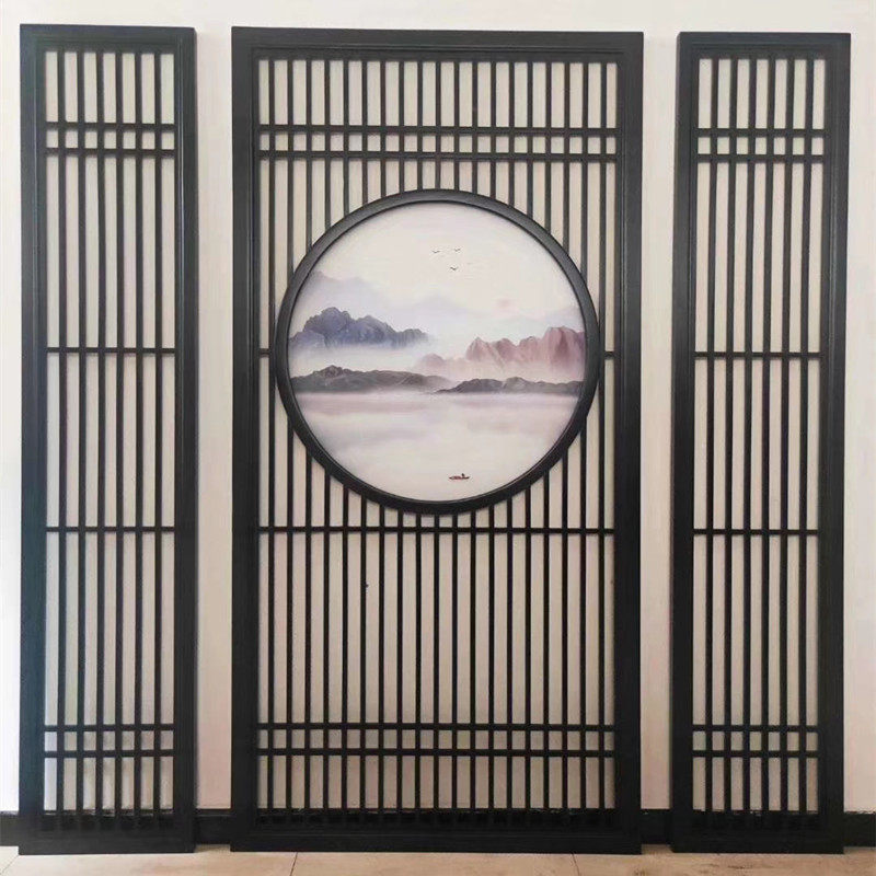 Solid wood patch new Chinese sand painting screen wind mask Japanese antique partition door hollow grille parking room decoration custom